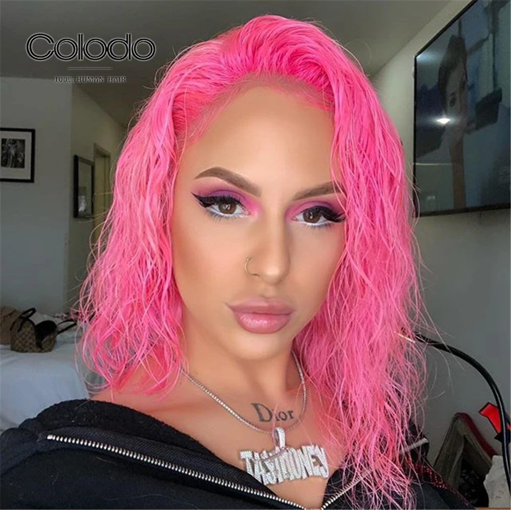 

COLODO Water Wave Wig Pre Plucked Pink Short Bob Wigs With Baby Hair Brazilian Remy Ombre Purple Lace Front Human Hair Wigs