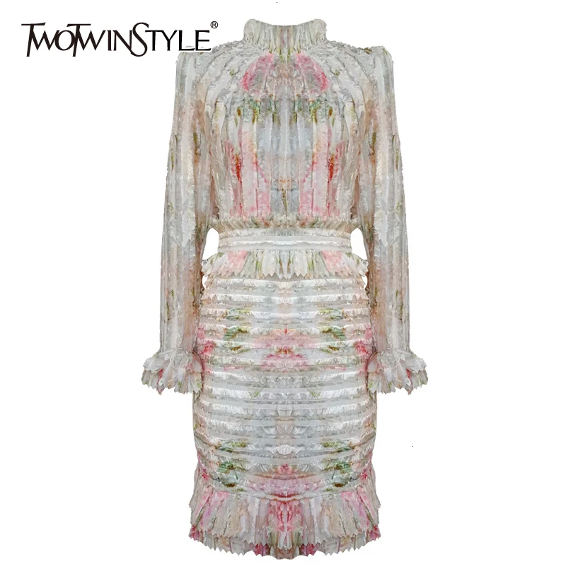 

Женское платье с рюшами TWOTWINSTYLE, с воротником-стойкой, расклешенным длинным рукавом и высокой талией, новинка 2021