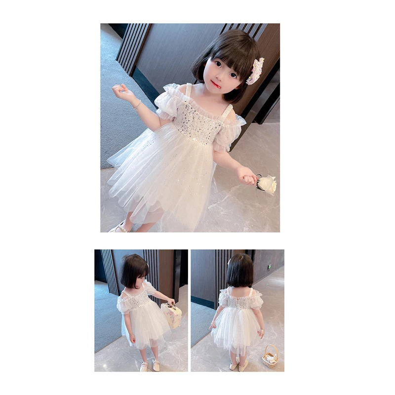 

White Christmas Puffy Dress Age For 2 - 8 Years Baby Girls Korean Sequins Dresses 2021 New Summer Children Clothes Kids Frocks
