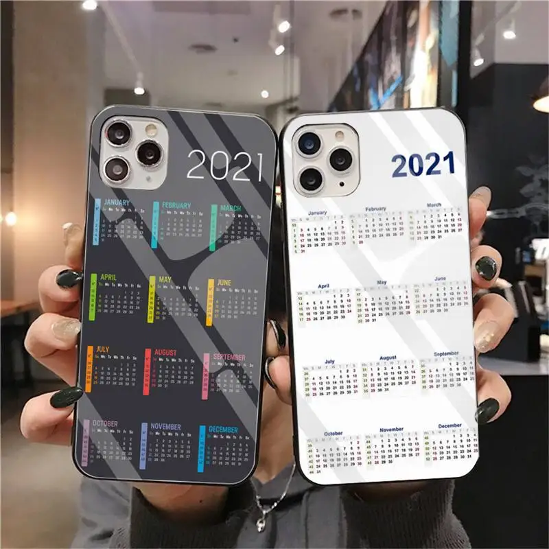 Чехол для телефона с календарем и надписью 2021 закаленное стекло iPhone 12 Pro Max Mini 11 XR XS