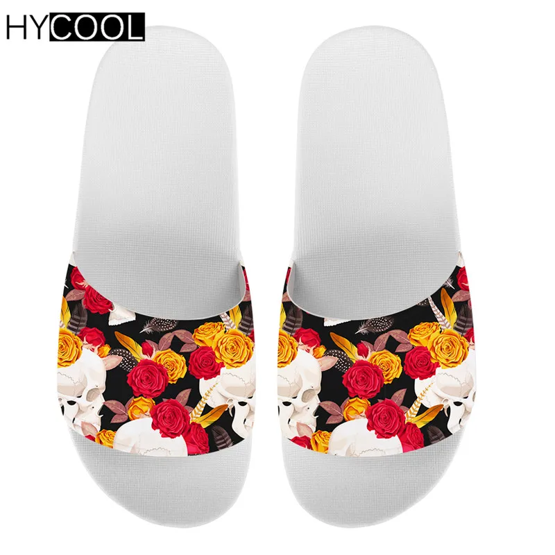

HYCOOL Women Slide Sandals Skull Rose Prints Slippers Beach Flat Slides Summer Slip On Sandals Unisex Flip-flops 2020