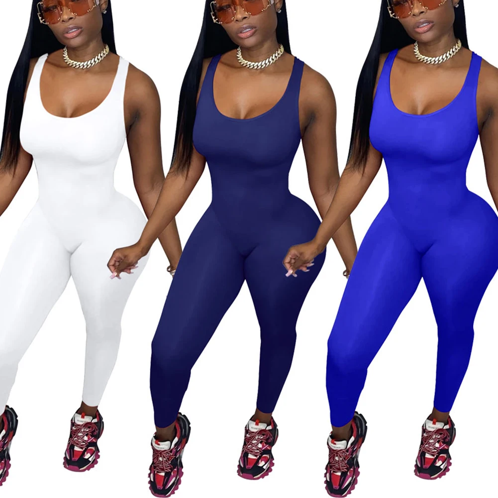 

Женский комбинезон на бретелях, однотонный пикантный облегающий Длинный комбинезон с U-образным вырезом, летние женские комбинезоны без ру...