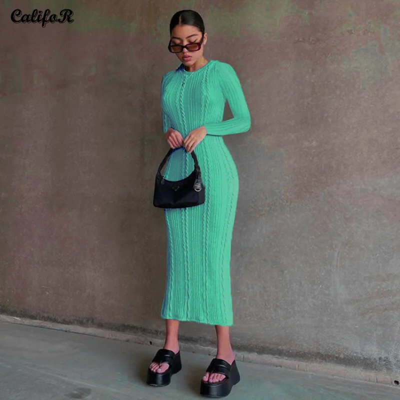 

Knitted Midi Dress Long Sleeve Twist Braid 2021 Autumn Woman Clothing Slim Sexy Bodycon Vestidos High Street Fashion Dresses New