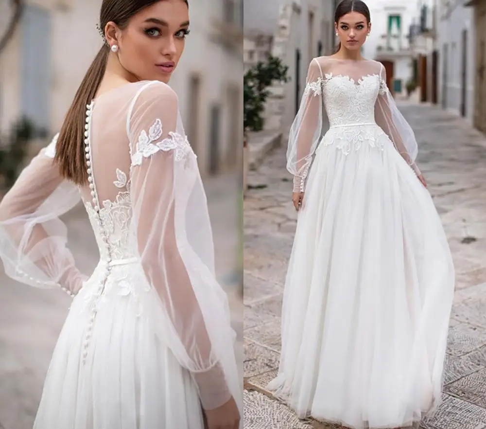 

Кружевное свадебное платье Ensotek, свадебное платье с пуговицами и открытой спиной