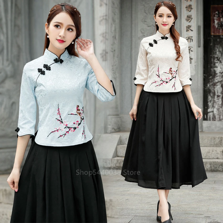 Новогодняя традиционная китайская одежда для женщин Qipao Топ Тан костюм вышивка Cheongsam блузка Винтаж классического размера плюс Топы