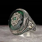 Мужское кольцо ручной работы в стиле ретро, винтажный узор, зеленый большой камень CZ, турецкое кольцо для мужчин и женщин, панк, 2022, модные религиозные мусульманские ювелирные изделия