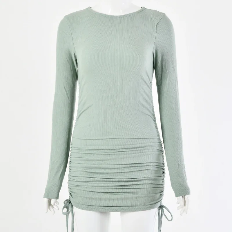 

Mozision Drawstring Ribbed Cotton Dress For Women 2021 Autumn Winter Long Sleeve Ruched Dresses Female Casual Bodycon Dress