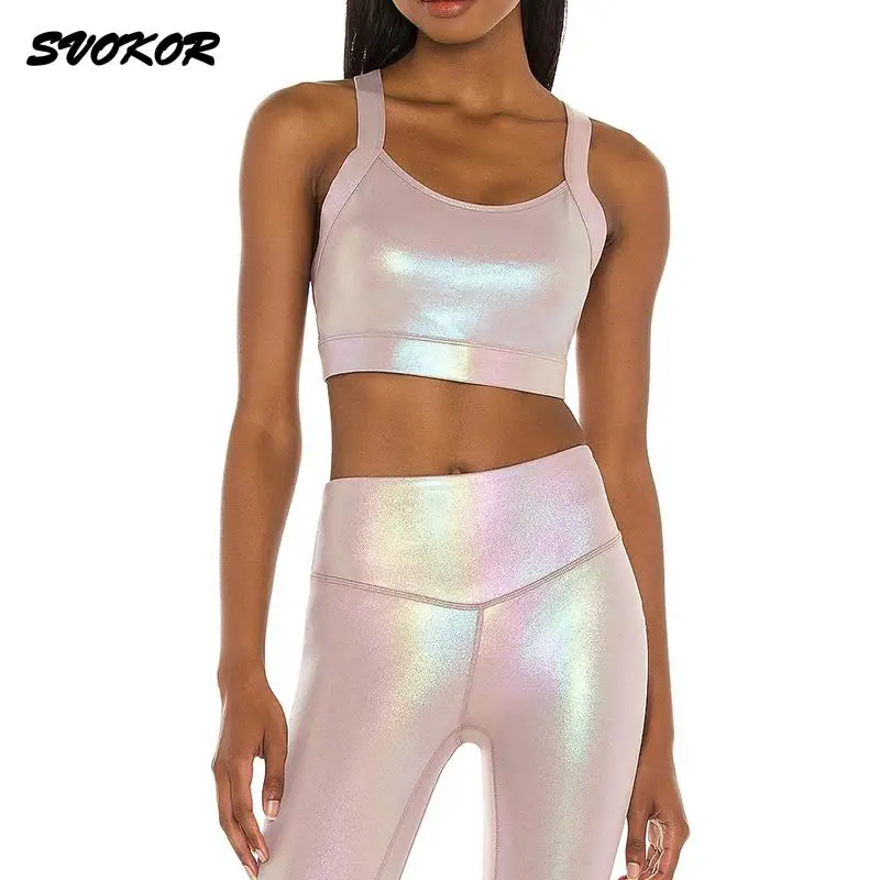 

SVOKOR 2Pcs Sport Suit Fitness Shiny Sportwear Women Gym Sets Workout Yoga Set Sexy Sports Bra Stretch Leggings Tracksuit