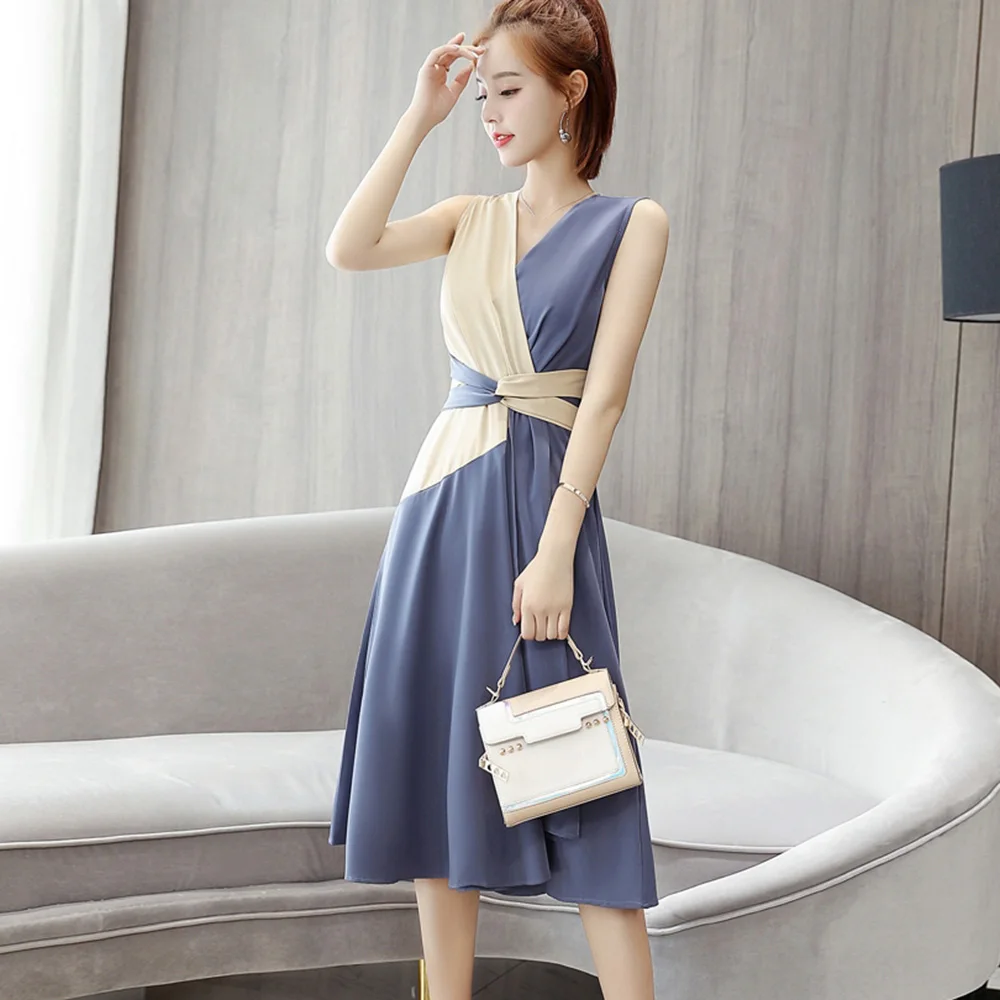 

Japan Style Fashion Temperament Summer Dress Korea Splicing Color Contrast Popular High Waist Thin V-neck 2021