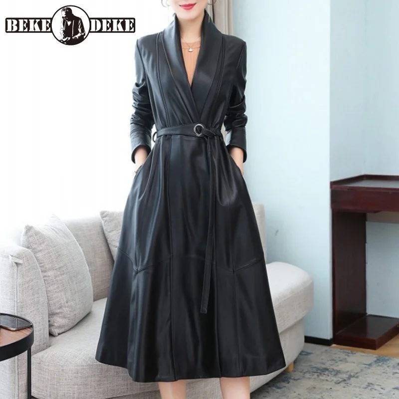 

Роскошная элегантная женская ветровка из натуральной овечьей кожи, модное приталенное пальто в офисном стиле с поясом, зимнее винно-красно...