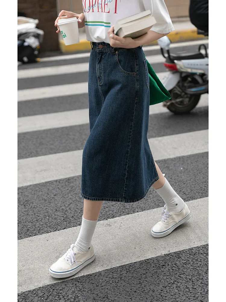 Женская джинсовая юбка летняя тонкая средней длины А-силуэта с высокой талией |