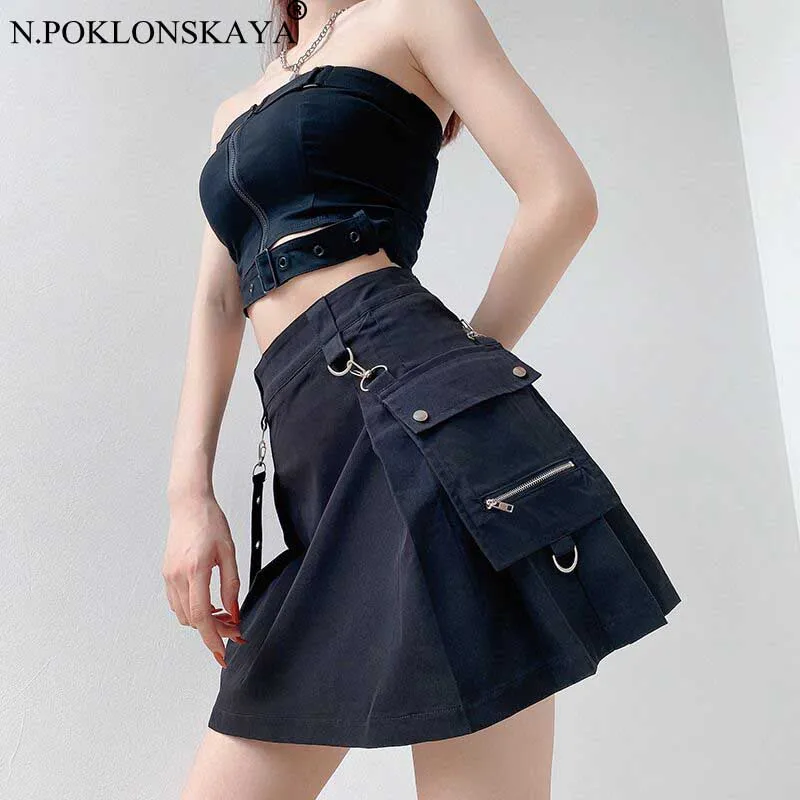 

Pleated Skirt Women High Waist Mini Skirt With Pocket Cool Lady Punk Girls Belt Chain Gothic Black Skirts For Woman y2k Skirts