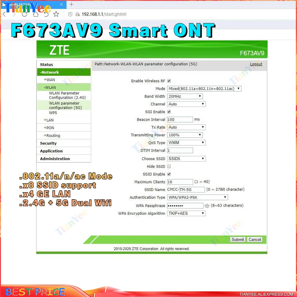 Бесплатная доставка F673AV9 4GE GPON 2 4G/5G ONU WIFI Терминал FTTH ONT модемный терминал