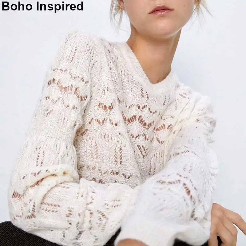 Boho Inspired OPEN KNIT SWEATER round neck long sleeves pullover sweater women hollow out casual chic 2019 winter jumper | Женская