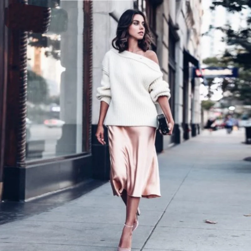 Женская атласная юбка с завышенной талией розовая или зеленая элегантная