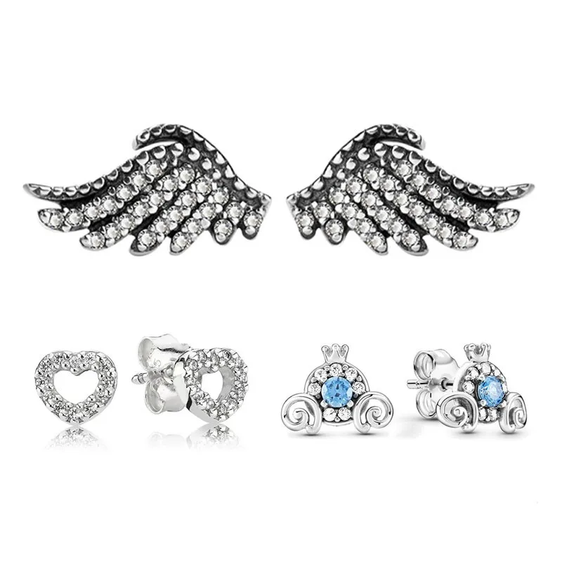 

New Pan 925 Silver Wing Heart Pumpkin Carriage Blue Crown Fashion Earrings Women's Wedding Romantic Gift Jewelry