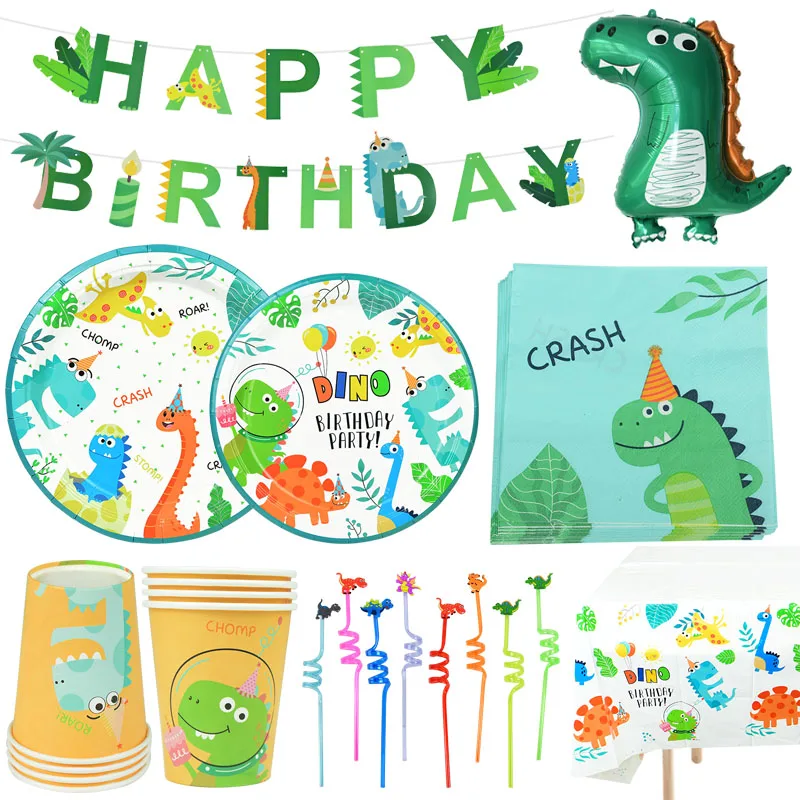 Dinosaur Party Disposable Tableware Set Boy Roar Dinosaur Theme Paper Cups For Jungle Party Happy Birthday Banner Animal Balloon