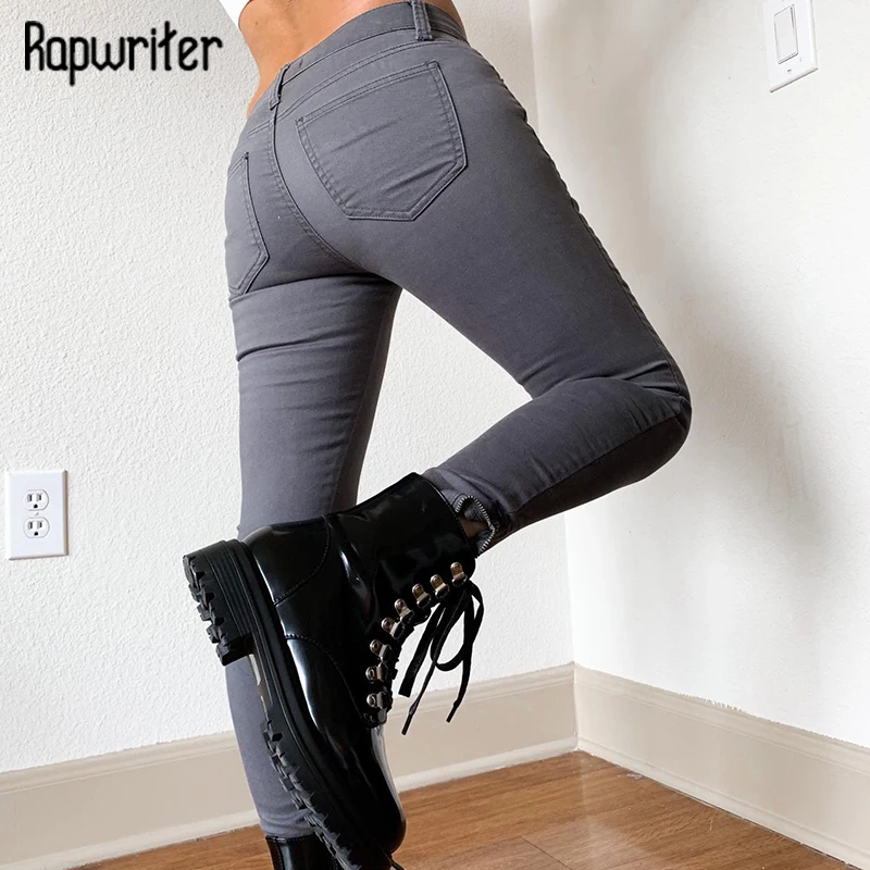 

Rapwriter Causal Gray Jeans For Girls Skinny Pencil Pants Harajuku Capris Chic Fashion Denim Pants 2021 Women Mid Waist Trousers