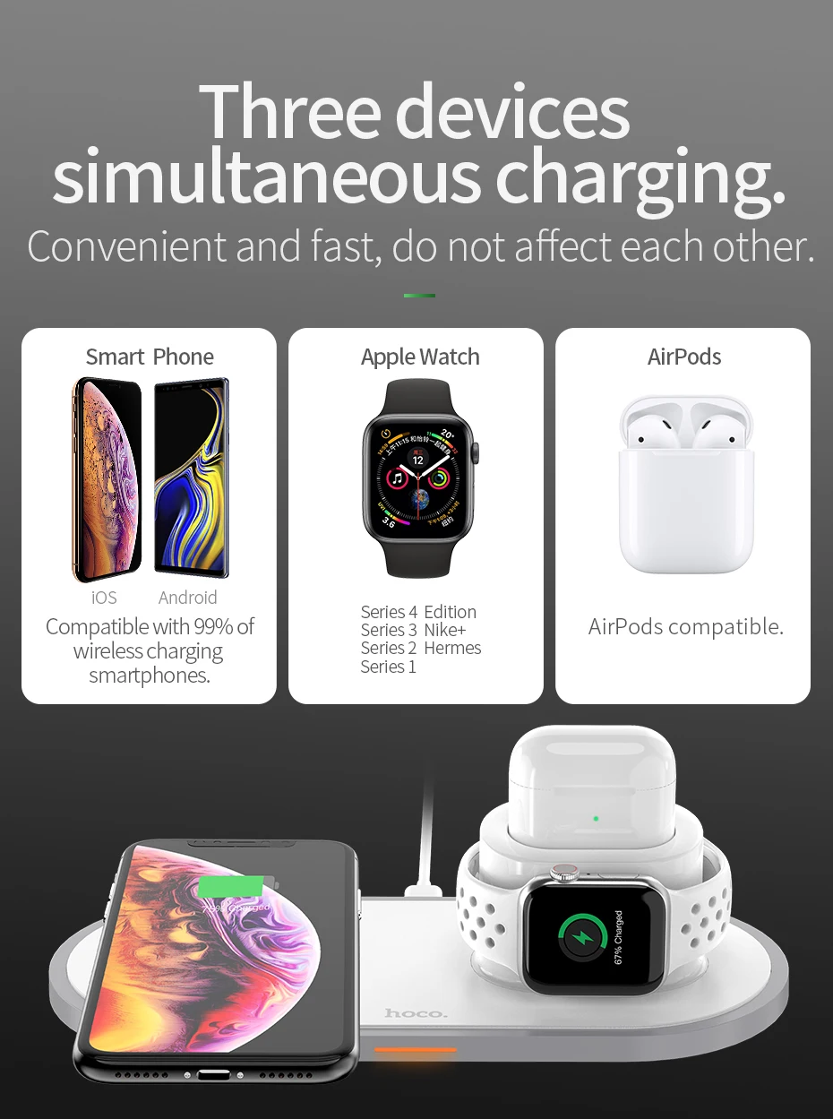 HOCO CW21 3 в 1 Беспроводное зарядное устройство для Apple Watch 4 3 2 1 быстрое зарядное устройство для airpods iPhone 11 X XS MAX 8 QI Беспроводная зарядная панель