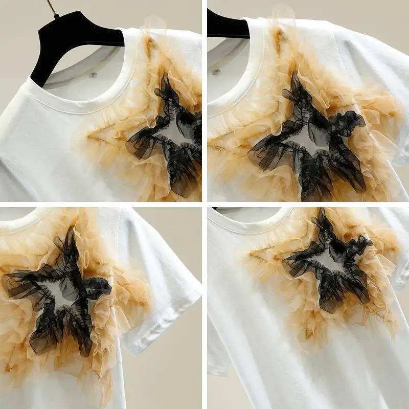 

Fashion mesh collage three dimensional decoration short sleeve T-shirt 2021 new versatile top