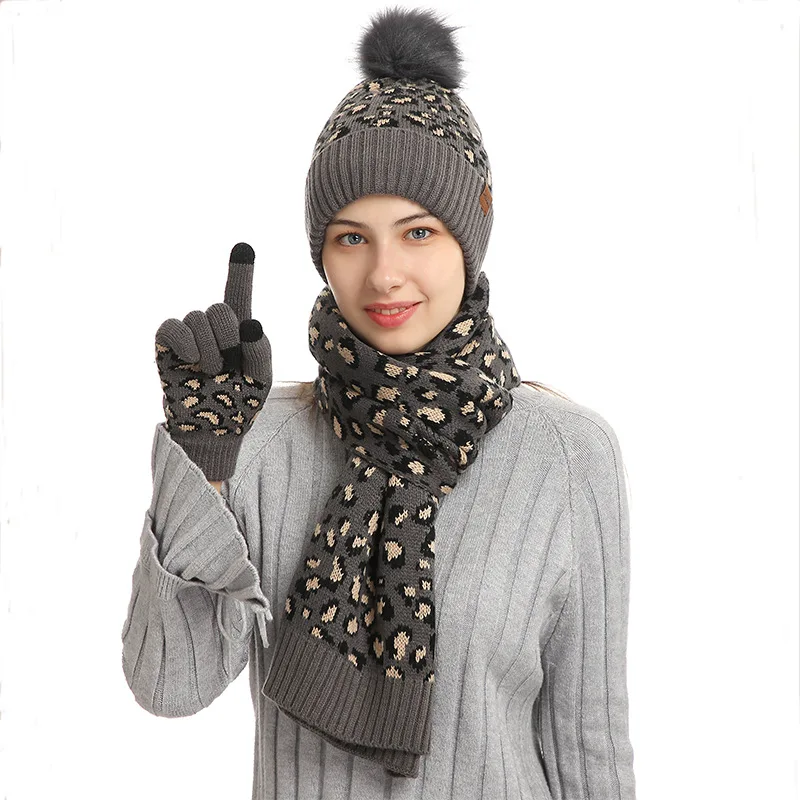 

2022 Winter Knitted New Leopard Pattern Warm Wool Women Winter hat and scarf set 3pcs sets