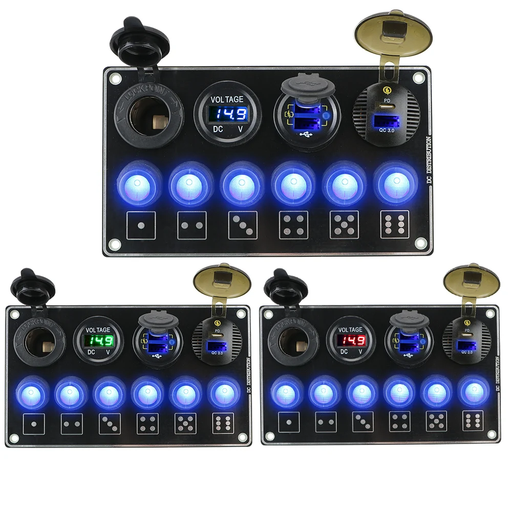 

LED Voltage Display 12/24V Car Switch Panel 6 Gang for RV Car Marine QC3.0 Quick Charge Waterproof PD USB Car Accessories