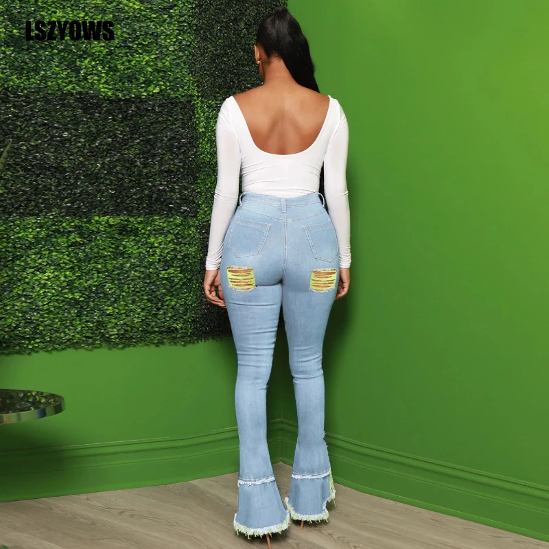 

Sexy Ripped Jeans For Women Butterfly Pattern High Waist Vintage Flare Jeans Trousers Summer Holes Denim Pants Female Streetwear