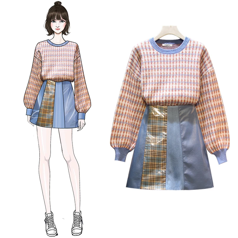 

Westernized Suit Fall And Winter 2019 New Large Size Women's Suit Head Sweater Stitching Short Skirt Two-piece Suit