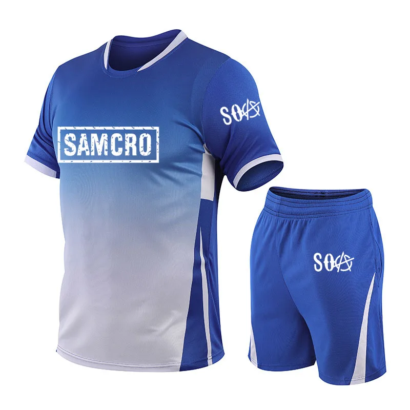 

Casual SOA Sons of Anarchy Printing Summer Splicing Men's short sleeve Cotton High Quality Men's T-shirt + shorts two-piece suit
