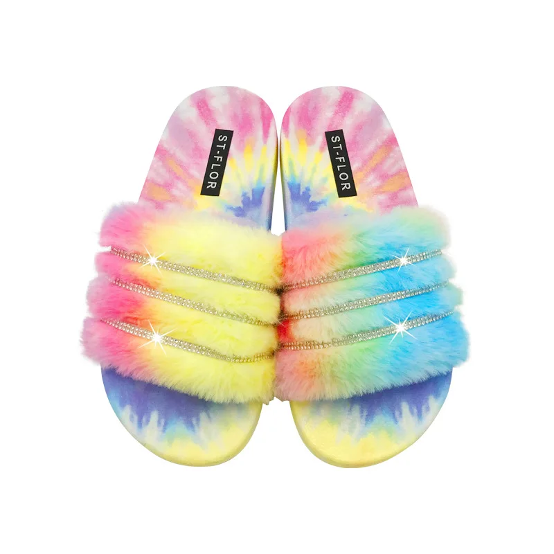 

2021 Summer Flip Flops Fashion Colorful Plush Fur Slippers Women Flat With Modern Slipper Beatutiful Crystal Flats Slides Shoes