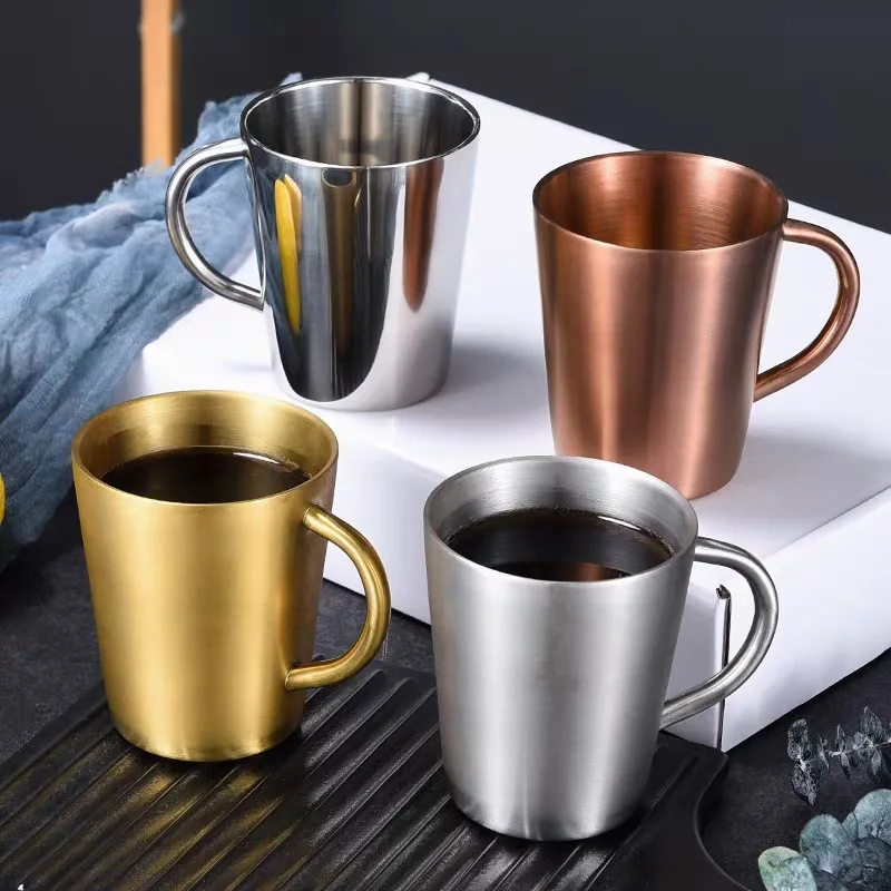 

Korean 304 stainless steel double-layer water cup with handle beer cup heat insulation household coffee mug anti falling cup