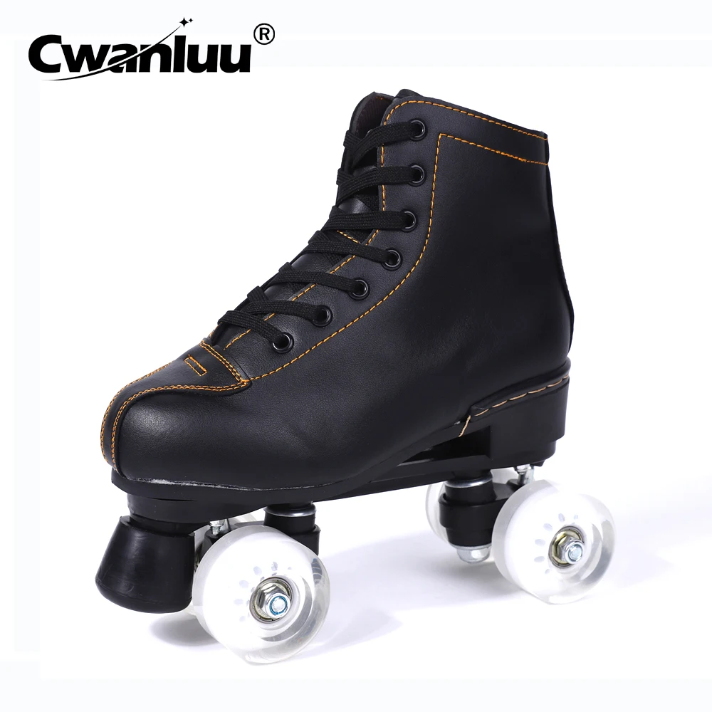 

Luxury Black Leather Roller Skates Woman Man Children Double Row PU 4-Wheels Quad Skating Sneakers Outdoor Patines Shoes