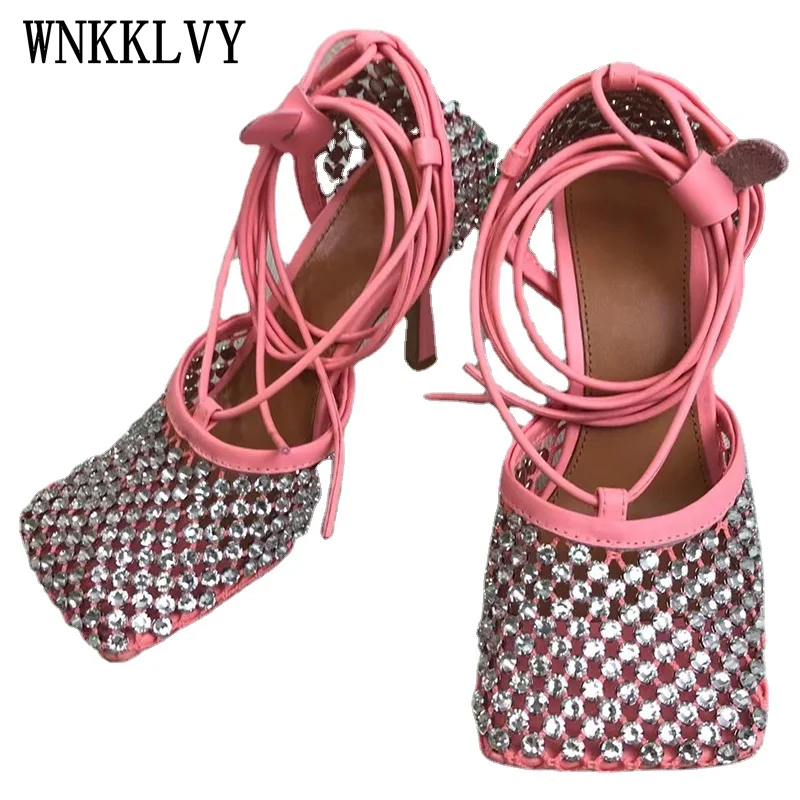 

Runway Net Mesh Thin High Heel Sandals Women Ankle Strappy Rhinestone Decor Sandalias Summer Sexy Party Nightclub Shoes 2021