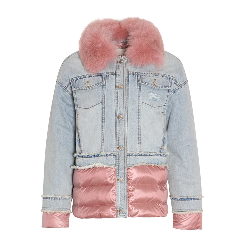 Женская джинсовая парка TWOTWINSTYLE с мехом длинным рукавом хлопковая зимняя