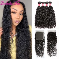 30 inches water wave bundles with closure brazilian remy wavy human hair bundles with 4x4 lace closure free part lulalatoo hair