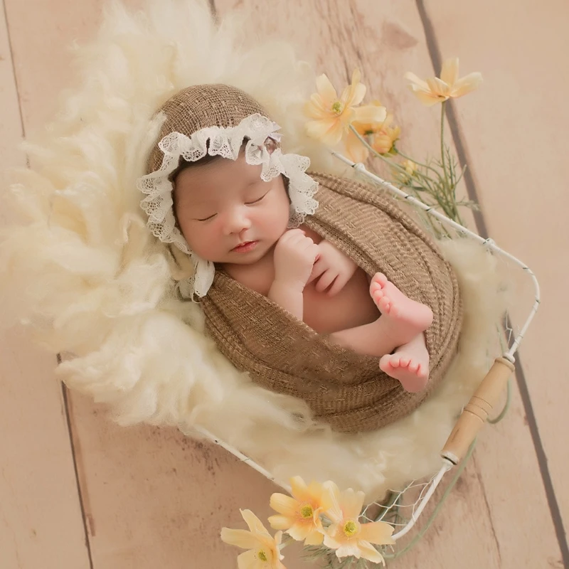 

Newborn Knitted Stretch Wrap+Hat Set Crochet Blanket Bonnet Baby Photography Props Infants Photo Shooting Accessories