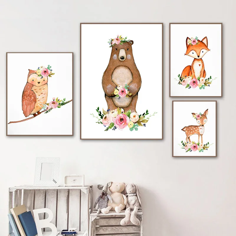 Акварельные животные плакат настенная живопись садик фоллоуэр Медведь Олень