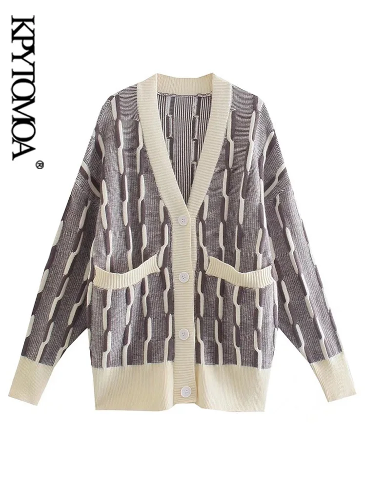 

KPYTOMOA Women Fashion With Pockets Jacquard Knit Cardigan Sweater Vintage Long Sleeve Button-up Female Outerwear Chic Tops