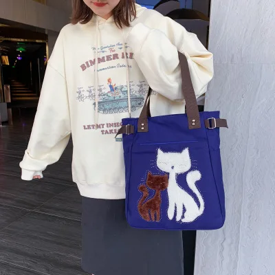 

Lovely Cat Canvas Handbag For Girls Female Large Capacity Casual Bag Women Cute Solid Zipper Shoulder Bag Bolsos Mujer Handbag