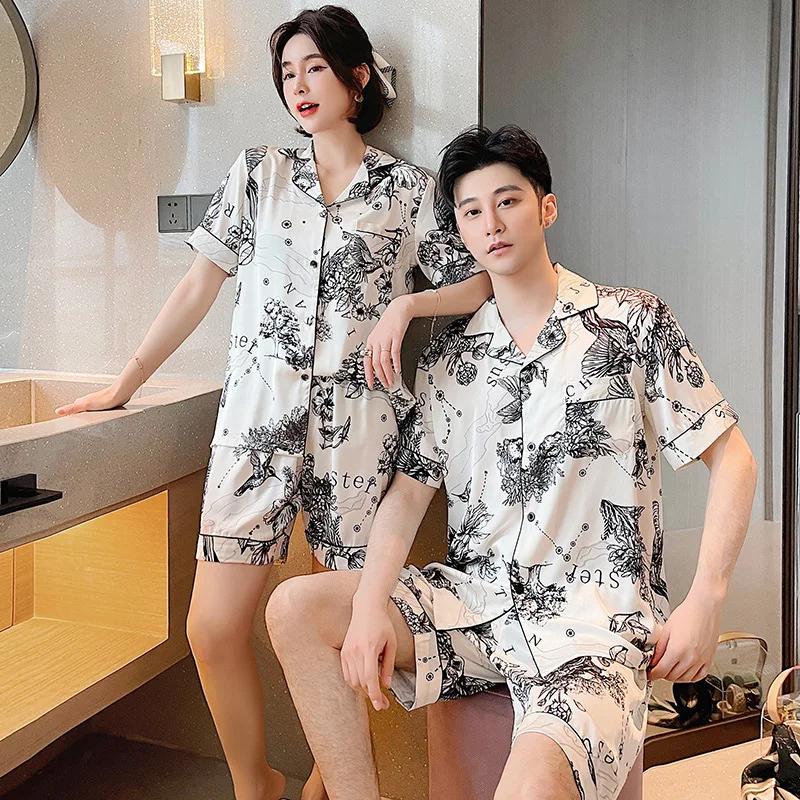 

Thin Satin Men Women Pijamas Suit Lovers Pajamas Suit Sleepwear Ice Silk Short Sleeve Shorts Summer Print Loungewear Home Wear