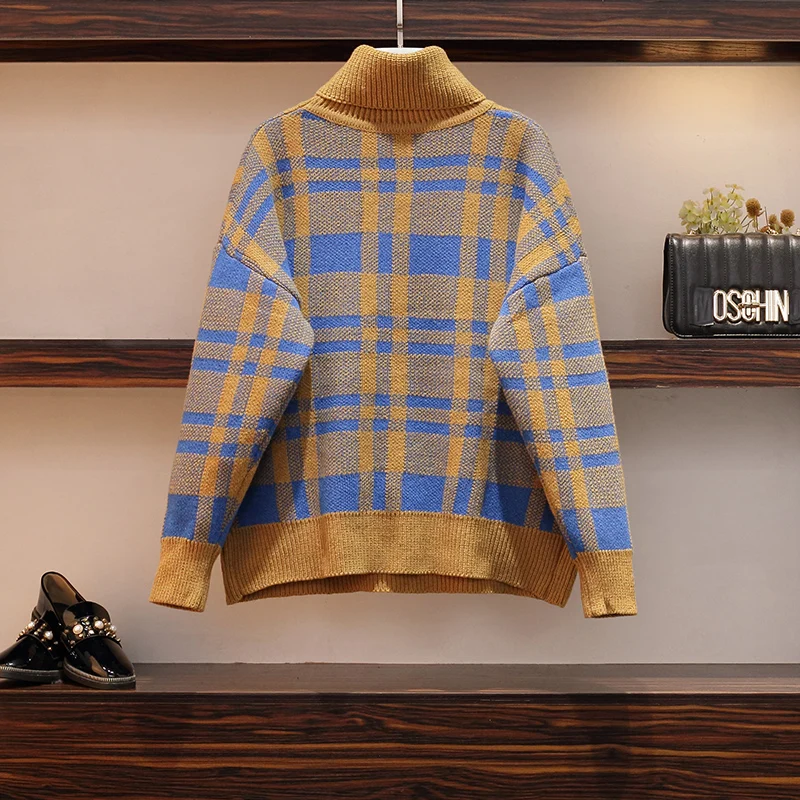 

Big Yards Suit Winter Autumn Women Turtleneck Pullover Grid Sweater & Black Skirt Two Pcs Clothing Set Suits Outfit Knitwear