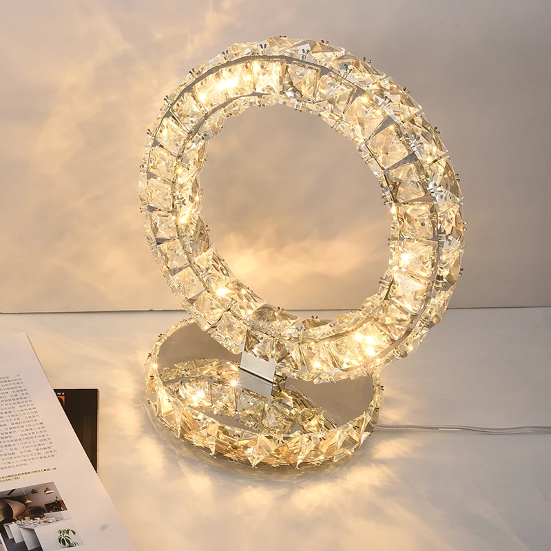 

2021 Crystal Table Lamp Nordic 20cm Rings Crystal Desk Lamp Home Decor Luxurious Table Light for Bedside Bedroom Light Fixture