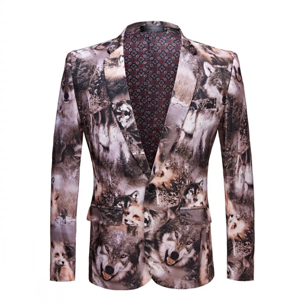 New Tide party Men Casual Blazer Print Wolves Pattern Design DJ Club Singer Costume Slim Fit Suit Jacket Coat