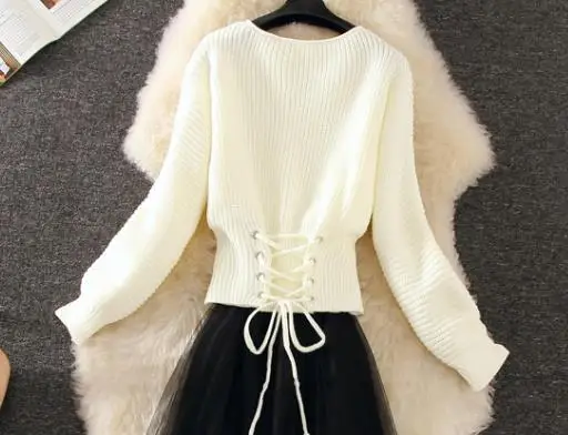 2020 Autumn Long Lantern Sleeve O Neck Peplum Sweaters Women Sweet Lace Up Waist Female Ruffles Knitted Pullovers Tops | Женская одежда