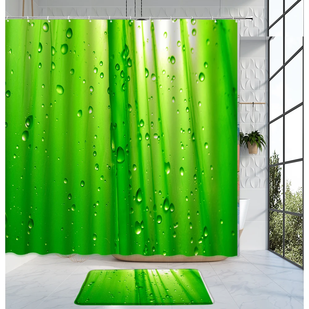 

Drops Of Water Shower Curtain 2 Set Bath Mats Rugs Raindrops Green Background Washable Bathroom Curtains Mat Bathtub Accessories