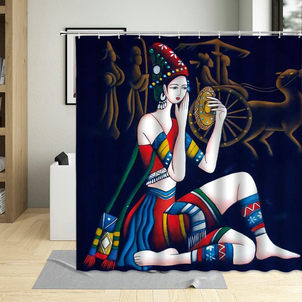 

Ethnic Ancient Egypt Printed Bathroom Shower Curtains Oil Painting Pretty Lndia Girls Bathtub Curtain Waterproof Decor Cloth