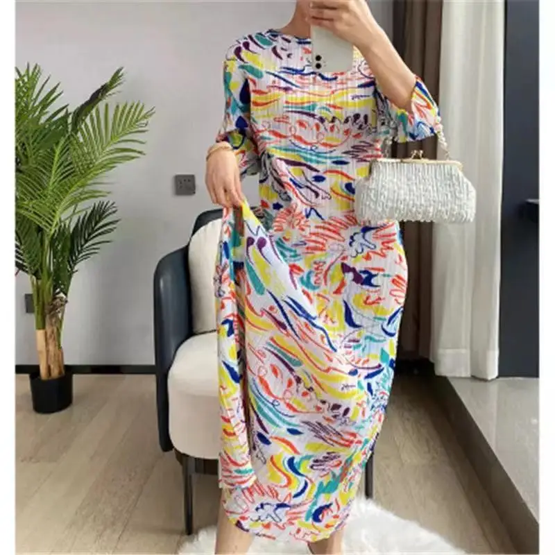 Платье женское Плиссированное с круглым вырезом и рукавом 2021