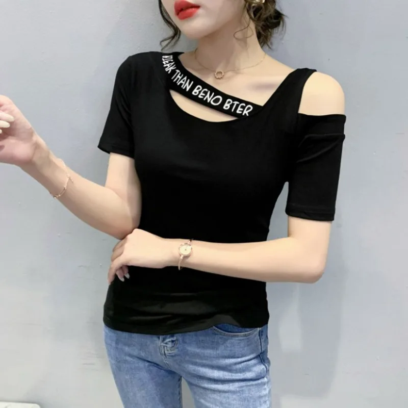 

#7365 White Black Red Summer T-Shirt Cotton Skew Collar Off Shoulder T Shirt Women Letter Hollow Out Slim Women's Tee Shirt Sexy