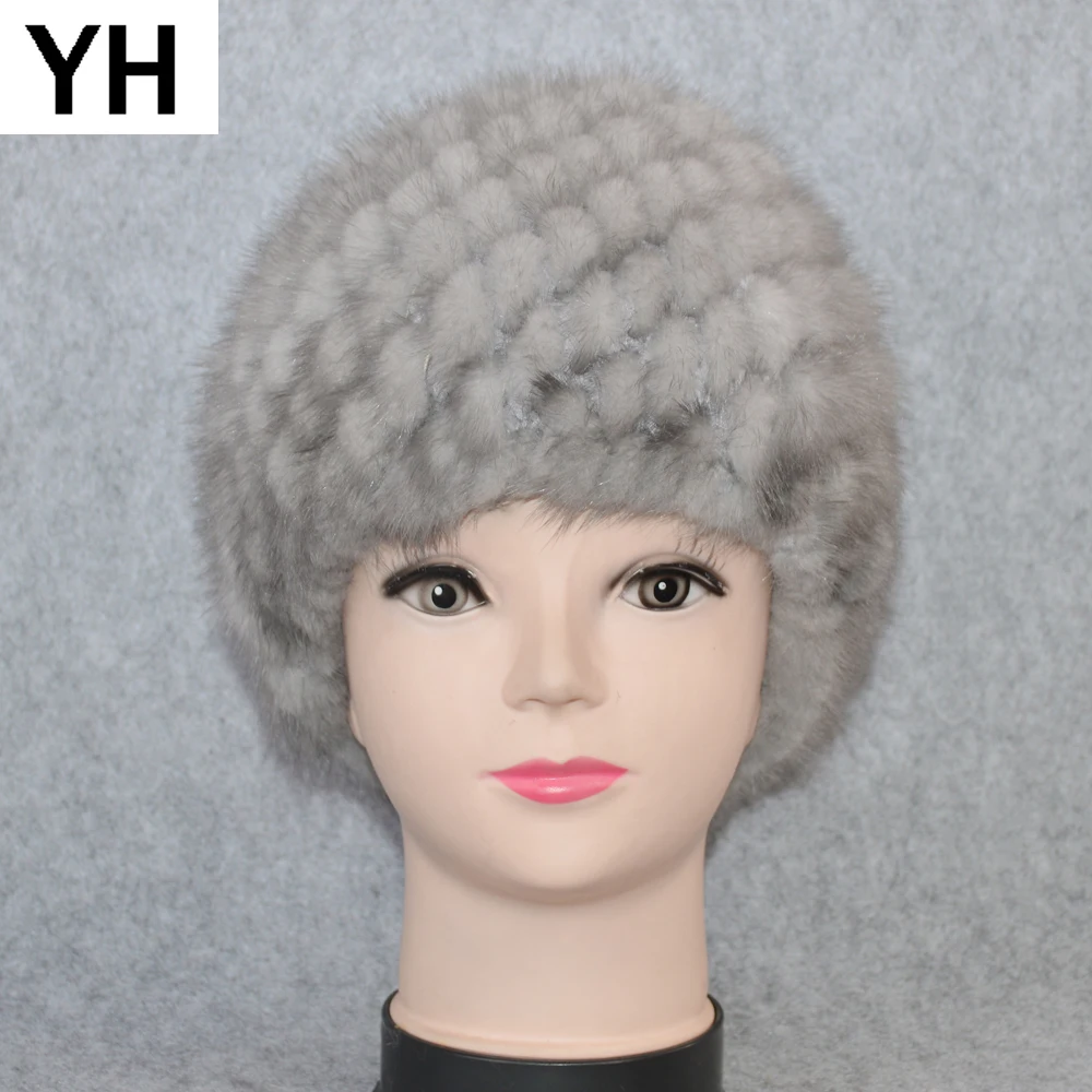 Cotton Lining Winter Lovely Real Mink Fur Hat Women Good Elastic Knitted Real Natural Mink Fur Beanies Caps Real Mink Fur Cap