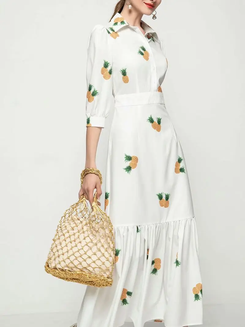 

dresses for women 2021Pineapple print retractable mid-sleeve long fishtail fairy floral dress evening dress white dress women
